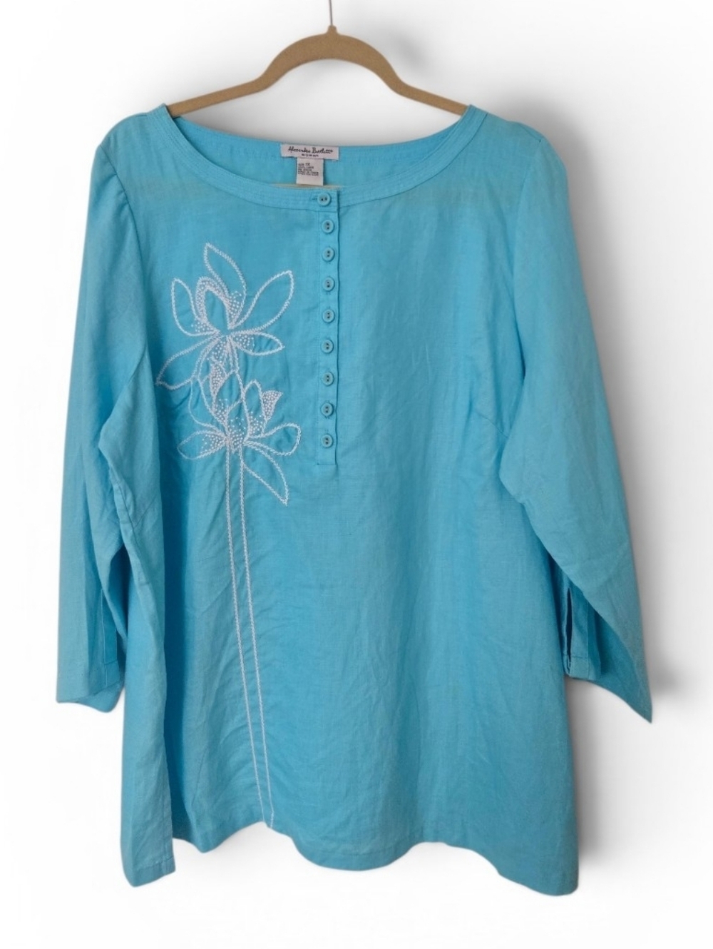 Linen Blue Tunic embroidered Lagenlook Coastal Floral